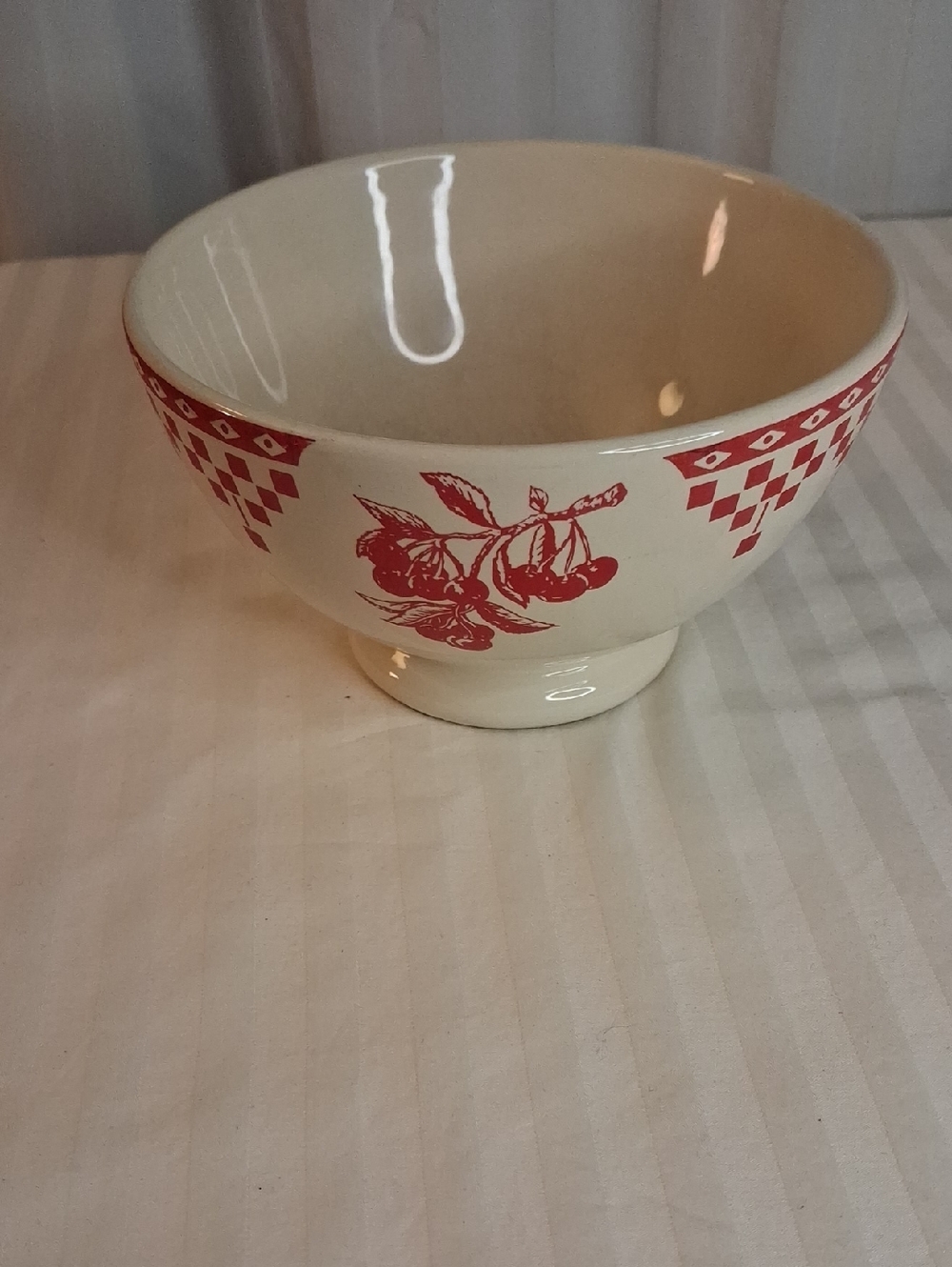 Cream Pedestal Bowl with Red Cherry Motif, Le Comptoir De Famille, France
